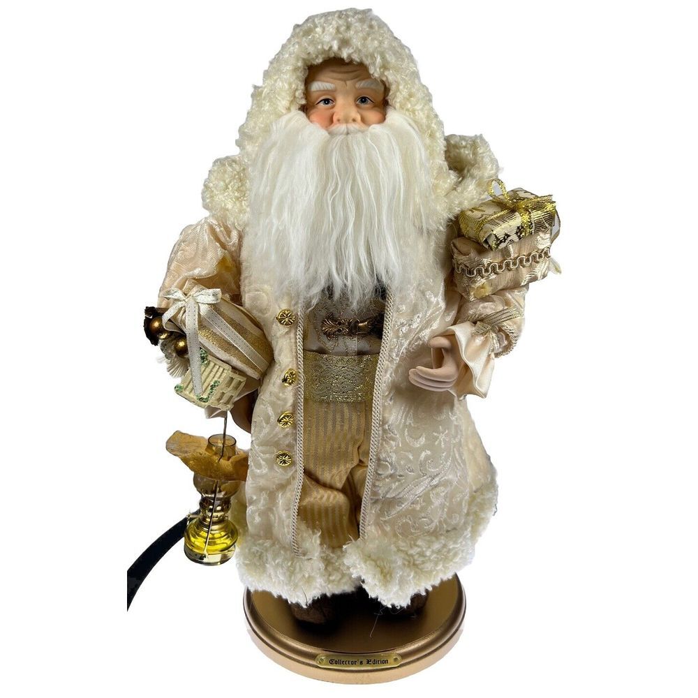 Large 17" Christmas Eve White Gold St Nick Santa Claus Figure with Wood Base‎